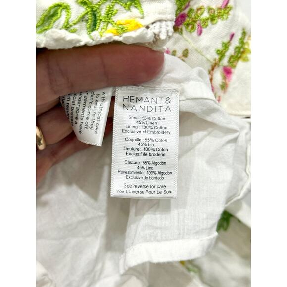 Hemant & Nandita Floral Puff Sleeve Babydoll Skater Mini Dress White Women's XS - Picture 6 of 6